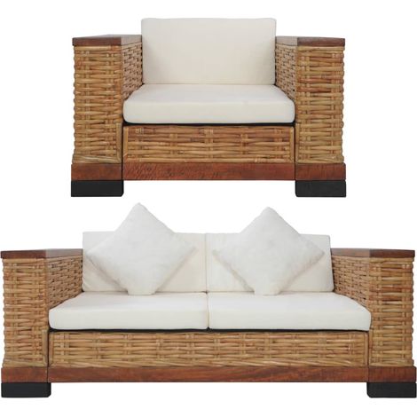 Set di Divani 2 pz con Cuscini in Rattan Naturale Marrone vidaXL (1/5)