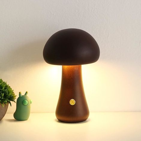 Lampe de chevet champignon portable à intensité variable avec chargement USB, veilleuse sans fil (grand modèle, noyer) (1/5)