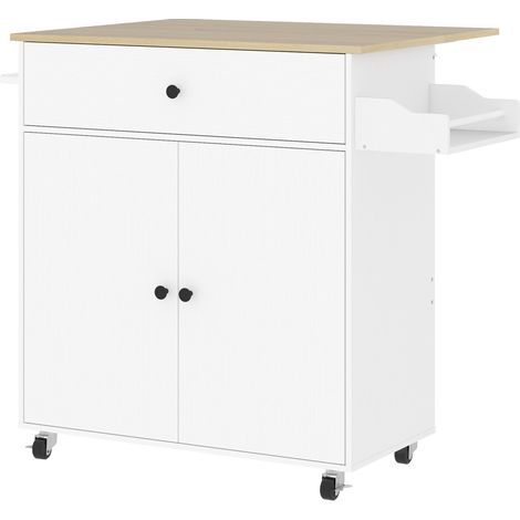 Isla de cocina con ruedas blanca de MDF con tablero abatible, cajón y armario (1/5)