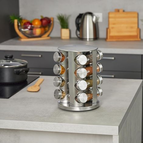 Étagère à épices rotative en acier inoxydable pour 16 boîtes de conserve, idéale pour la cuisine et le barbecue. (1/2)