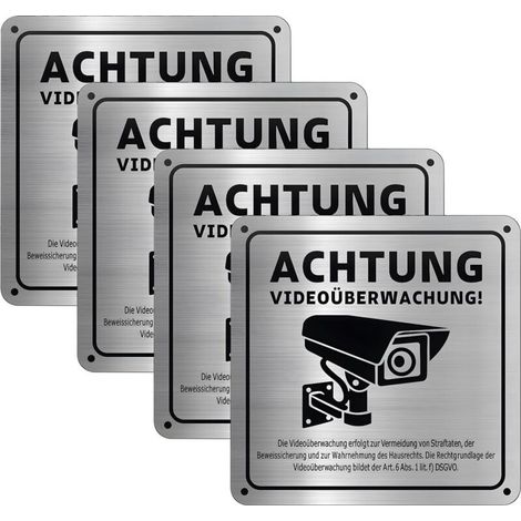 Argent Pancarte Video Surveillance,4 Pièces Trous Pré Percés et Dos Adhésif Panneau Camera Surveillance,Alliage d'Aluminium Robuste et Durable,Pour Immeubles d'Habitation (1/5)