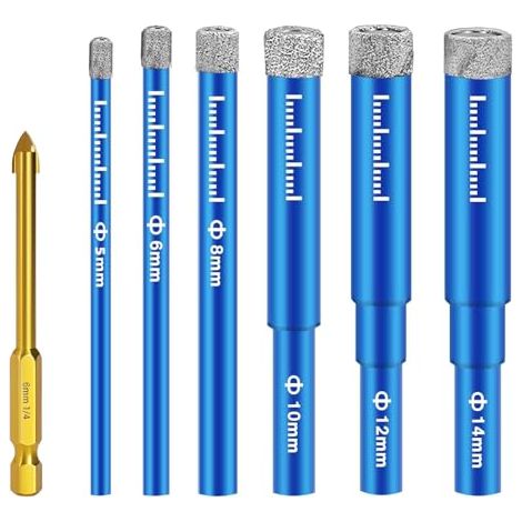 7 Pièces Foret Diamant Carrelage,Foret Diamant Gres Cerame avec 5/6/8/10/12/14 mm,Forets Metaux pour 6mm, Meche Perceuse Metal, pour Porcelaine,Céramique, Granit,Carrelage (1/5)
