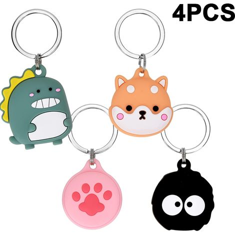 Lot de 4 étuis Airtag en silicone mignons, étuis de protection anti-rayures à motifs de dessins animés, coque souple avec petit porte-clés (1/4)