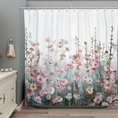 Rideau de douche fleuri coloré pour salle de bain rose à fleurs romantiques et sauvages (1/5)
