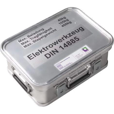 MUNK Rettungstechnik Aluminium Kasten 400x300x150mm mit Deckel, Beschriftung "Elektrowerkzeugsatz"