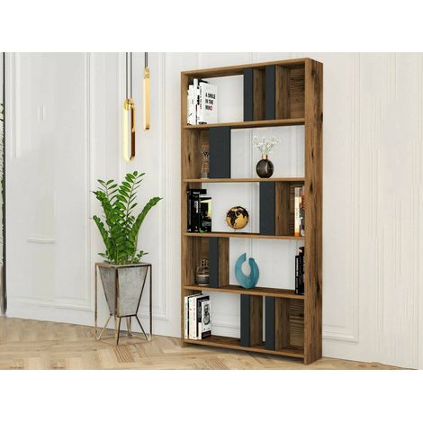 Dmora - Estante para libros Algieba, Estante de oficina, Porta libros móvil, Biblioteca, 90x20h180 cm, Nogal y Antracita, con embalaje reforzado (1/5)