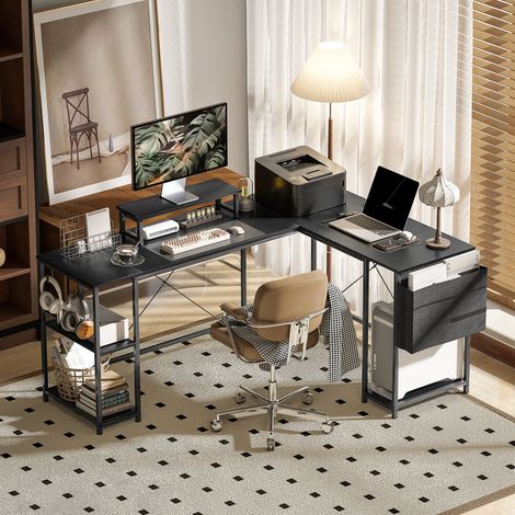 Bureau d'angle modulable réversible 168-240 cm style industriel - étagère réglable. sac de rangement. support d'écran