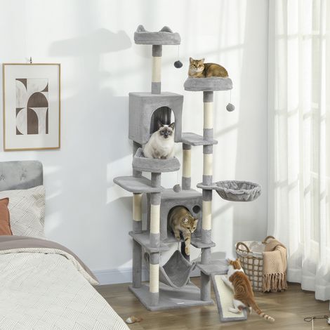 Arbre à chat tour de jeux pour chat 8 poteaux à griffer 4 plateformes 2 niches  échelle et 3 boules hauteur 192 cm gris