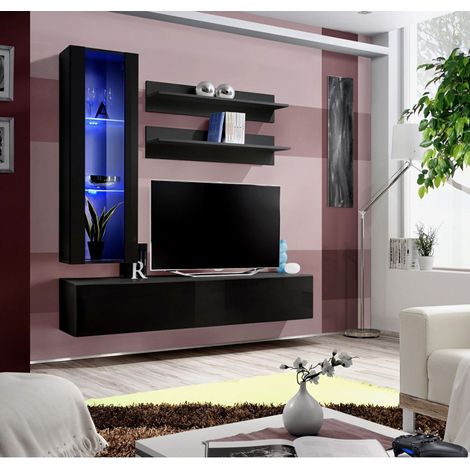 Ensemble meuble TV mural  - Fly II - 160 cm x 170 cm x 40 cm - Noir - Livraison gratuite