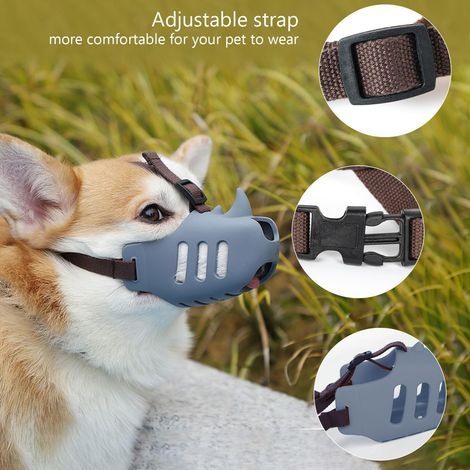 Muselière anti-morsure pour chien – Muselière souple pour chiens avec sangle réglable, cage en silicone respirante, tailles petite et moyenne (rhinocéros gris, taille L). (1/5)