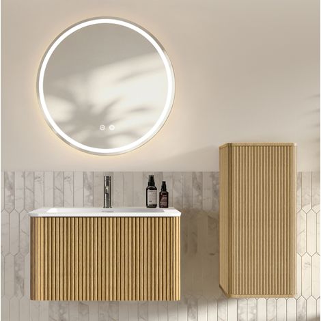 Mobile bagno con lavabo e specchio LED, set sospeso 80 cm, rovere HAVRYA (1/5)