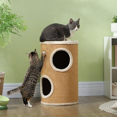 Árbol rascador tipo barril de sisal y felpa, Ø35 x 60 cm, marrón-beige OKMYHOME (1/5)