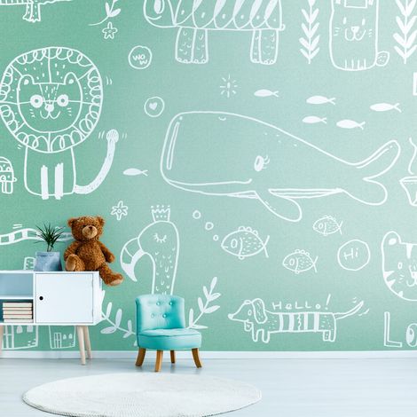 Fotomural Profhome 383041 papel pintado vinílico estampado en caliente tejido non tejido liso con dibujo infantil mate verde blanco 3,71 m x 2,8 m (1/4)
