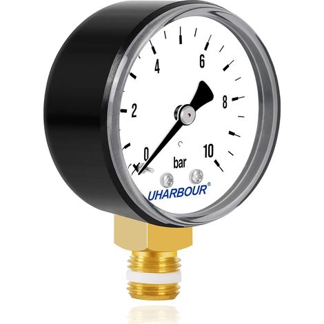 Water Pressure Gauge 1/4", 0-10 Bar Pressure Gauge - 1/4" BSP Fitting with Radial Mount - Visible Dial - For Drinking Water Systems, Heating, Irrigation (1/5)