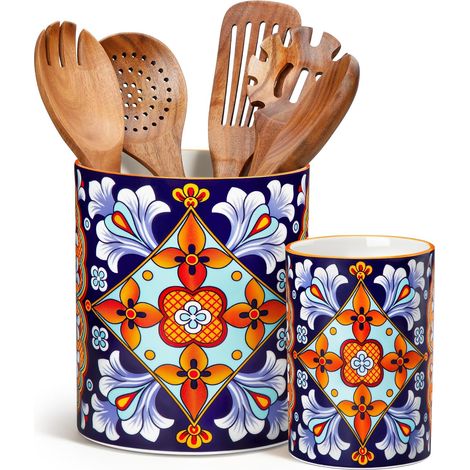 Lot de 2 Porte-Ustensiles de Cuisine, 18,6 cm + 14 cm, Support Ustensiles en Céramique Style Bohème, Pot Ustensiles Cuisine pour Cuillères, Spatules et Pinceaux, Élégance Ambrée (1/5)