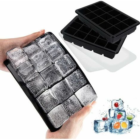 Bandeja para cubitos de hielo de 15 compartimentos, paquete de 2 bandejas grandes de silicona con tapa, apilables y ahorradoras de espacio, con certificación LFGB y sin BPA para alimentos. (1/5)