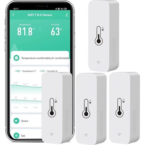 Lot de 4 capteurs de température et d'humidité WiFi : moniteur sans fil avec alerte via application, exportation gratuite des données, thermomètre-hygromètre intelligent d'intérieur compatible avec Al (1/5)