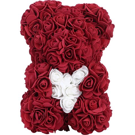 Ours en forme de rose artificielle rouge foncé avec cœur blanc, décoration unique et cadeau romantique pour la Saint-Valentin (1/5)