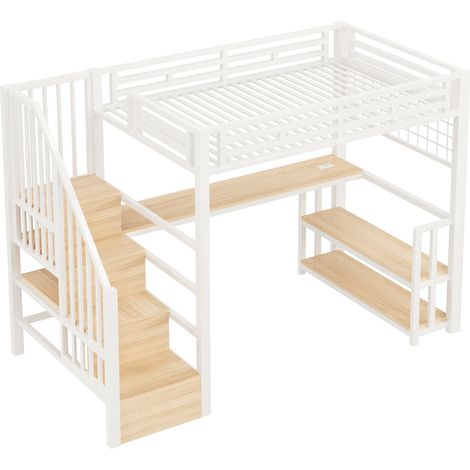 GagaLit mezzanine 90 x 200 cm avec cadre en fer, étagère, grille de suspension, LED, bureau et escalier de rangement, USB/Type-C, blanc (1/5)