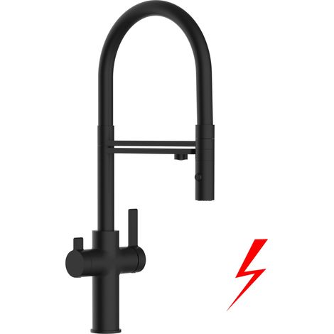 NIEDERDRUCK 3 Wege Wasserhahn Küchenarmatur Spültischmischer, Schwarz Matt mit 360° schwenkbarem Auslauf, abnehmbare 2 strahl Handbrause, Flex-Schlauch oben in Schwarz - VZFC Linie (1/5)