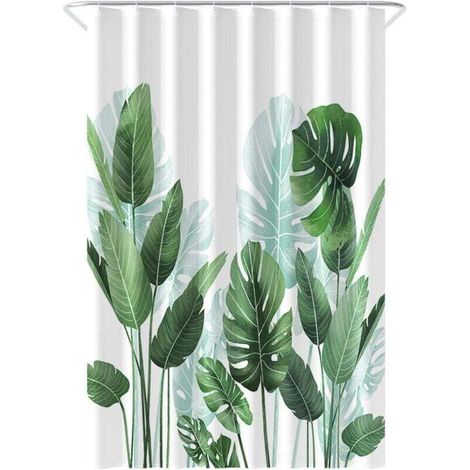 Rideau de Douche Anti-moisissure 150180 cm –Polyester – avec Anneaux – Rideaux de Douche - Shower Curtain - Motif Feuilles Tropicales - Tissu Lavable en Machine - Crezuo (1/4)