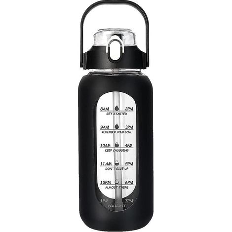Bouteille d'eau en verre de 1,9 litre avec paille, bouteille d'eau en verre avec housse en silicone et indicateur de temps