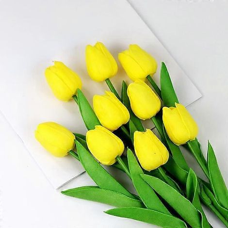 bouquet de tulipes artificielles de 34 cm en PU, aspect réaliste, idéal pour Noël, Halloween, un mariage ou une fête. Fleurs artificielles.jaune (1/5)