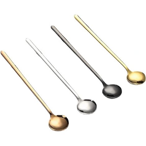 304 roestvrij staal kleine ronde lepel, lange steel mini koffielepel, dessert melk thee roerlepels 4 stuks verpakt (15cm, zilver) (1/5)