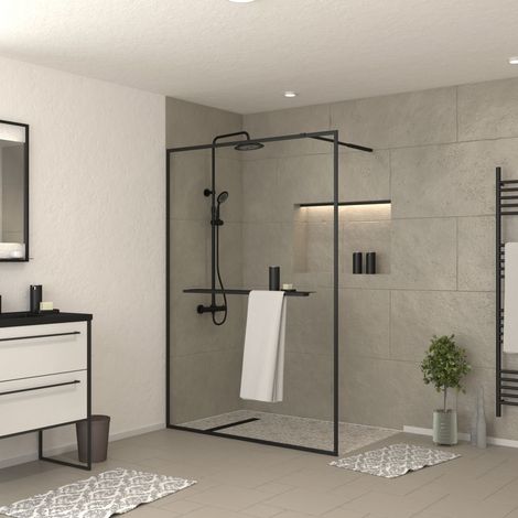 paroi de douche noir mat 140x200cm - porte-serviette et étagère - dark contouring shelf
