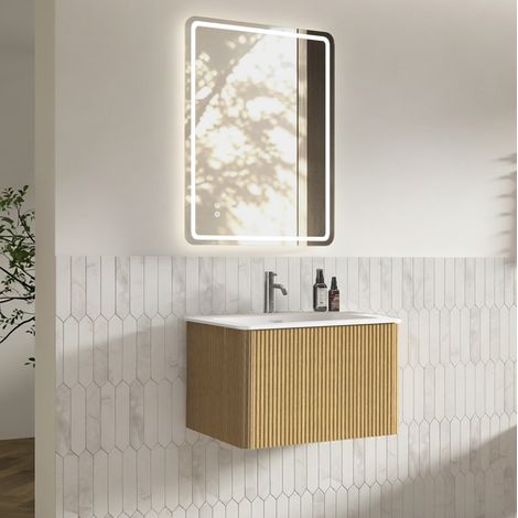 Meuble avec vasque 60 cm et miroir LED 60 x 80 cm, préassemblé, chêne HAVRYA (1/5)