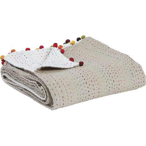 Plaid en Coton Multicolore avec Pompons 140 x 200 cm - Jeté de Canapé Élégant - PANGIVO (1/3)