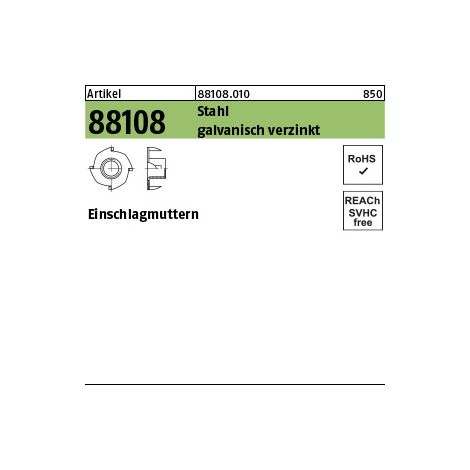 Einschlagmutter R 88108 M 8 x11 x 9,7 Stahl galvanisch verzinkt (1/2)
