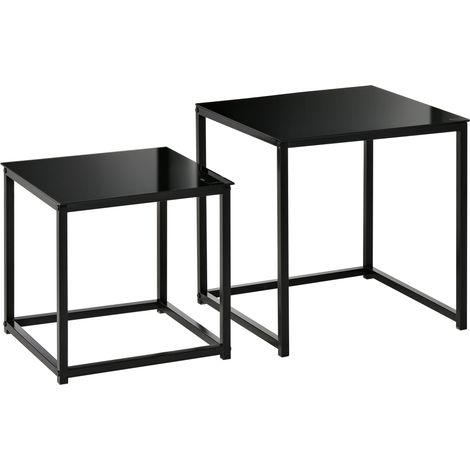 Satztische, 2er-Set Couchtische/Beistelltische mit Tischplatte aus gehärtetem Glas und Metallgestell für Wohnzimmer, Schlafzimmer, Büro, Schwarz