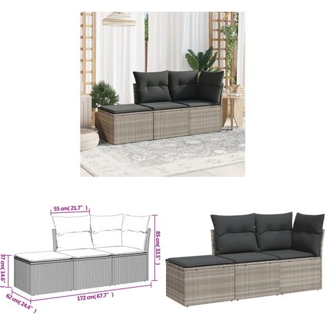 3-tlg. Garten-Sofagarnitur mit Kissen Hellgrau Poly Rattan - Gartensorgaunität - Outdoor Möbel - Lounge Set - Gartenlounge - Rattan Sofa - Home & Living (1/3)