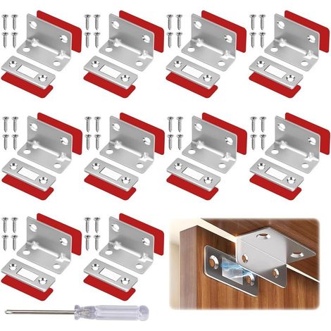 Lot de 10 aimants de porte en acier inoxydable - 41 x 16 x 25 mm - Loquet magnétique avec 40 vis - 20 pastilles adhésives double face - Pour fermeture de porte d'armoires et armoires (1/5)