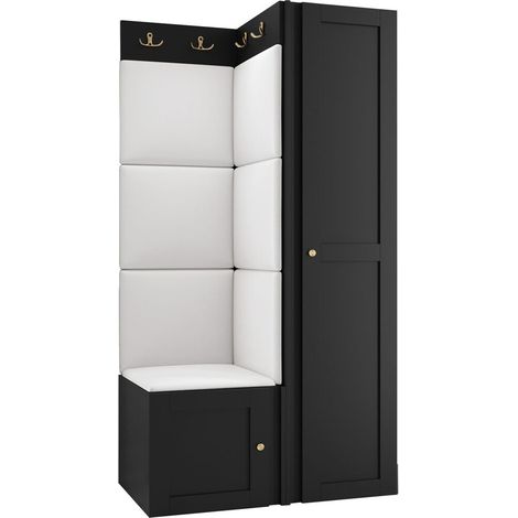 Meuble d'entrée Hartford 381, Noir, 186x82x46cm, MDF, Stratifié, Faux cuir, Murale, À poser (1/5)