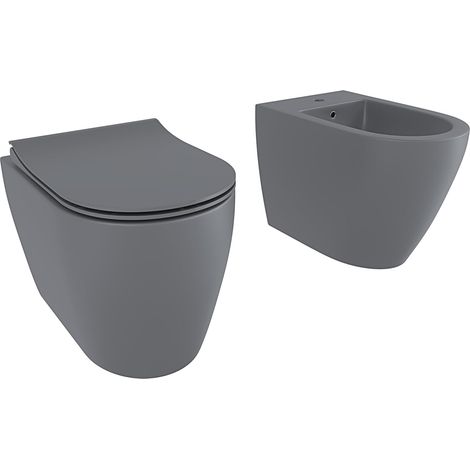 Coppia Sanitari Filo Muro Vaso WC Rimless Senza Brida Tornado Flush Bidet In Ceramica Design Moderno Copriwater Soft Close Grigio Opaco (1/5)