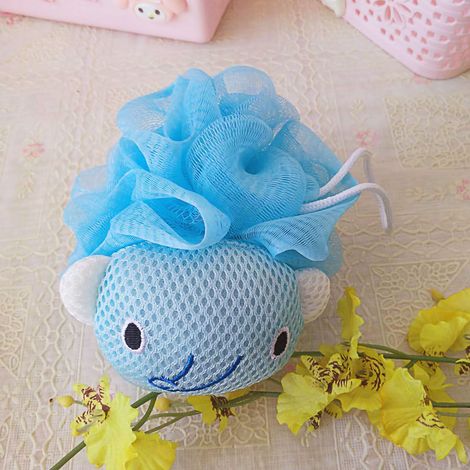Gant de douche mignon à motif éléphant bleu, loofah exfoliant corporel en PE pour nettoyage et bain, accessoire de bain amusant. (1/5)