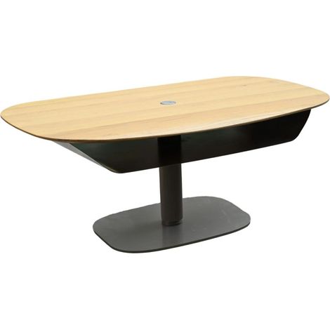 Table basse réglable en hauteur plateau MDF placage chêne pied central en métal laqué noir - ELEVIA