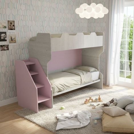 Letto a castello salvaspazio con terzo letto estraibile e scala laterale - Ideale per camerette - Rovere rock e cipria