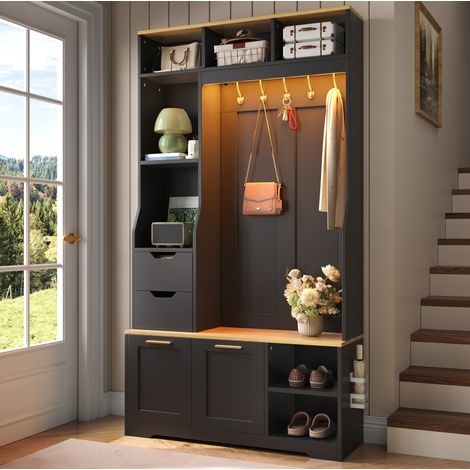 Vestiaire d'entrée avec banc, rangement chaussures, 100x32x186 cm, penderie et LED contrôlée par application noir (1/5)