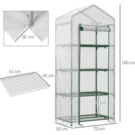 Serre blanche 70x50x160cm 4 étagères PE 140g/m², châssis acier porte zippée pour légumes (1/5)