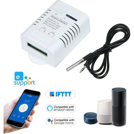 eWeLink TH-16 Smart Wifi Switch 16A/3500W Surveillance de la température Kit domotique sans fil avec capteur de température étanche DS18B20 Compatible avec Alexa Google Home/Nest, Modèle : Blanc
