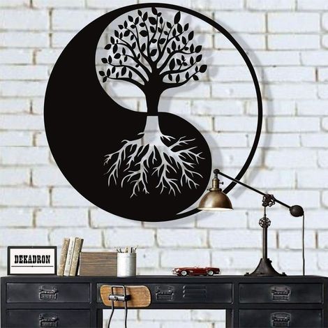Metal wall decoration, Yin Yang Tree of Life, 28x28 cm, matte black – Modern design with powder coating – Easy installation (1/3)