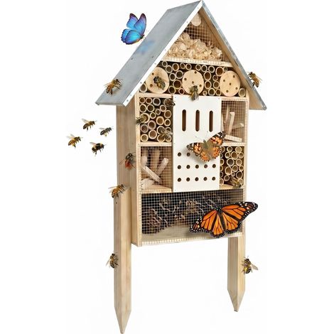 Hôtel à insectes Relaxdays sur pied, bois, toit galvanisé, 77 x 38 x 10 cm, naturel/argent