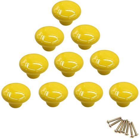 (Yellow)10Pcs Colorful Round Ceramic Cabinet Knobs Single Hole Pull Handle for Drawer Cupboard Dresser Door