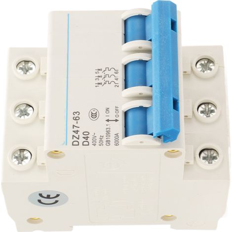Disjoncteur tripolaire (MCB) pour montage sur rail DIN, pouvoir de coupure de 6000 A, 400 V, 40 A, pour usage domestique ou bureau. (1/5)
