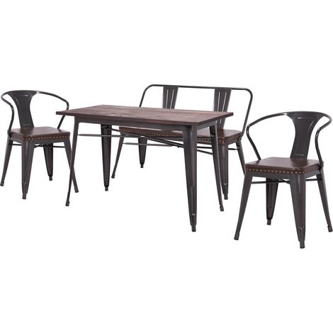 Set tavolo con panca a 2 posti e 2x sedie design industriale HHG-484 acciaio verniciato legno di olmo marrone