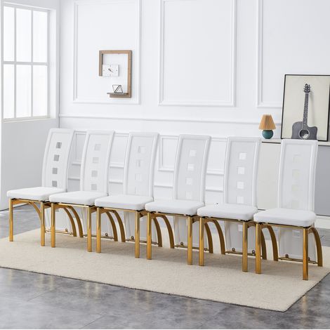 Lot de 6 chaises de salle à manger blanches en simili cuir et pieds dorés OKWISH (1/5)