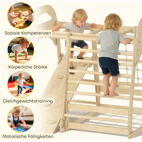 Structure d'escalade intérieure, design 6-en-1, toboggan, barres d'escalade, mur d'escalade, échelle, filet d'escalade, 3-6 ans, bois (1/5)
